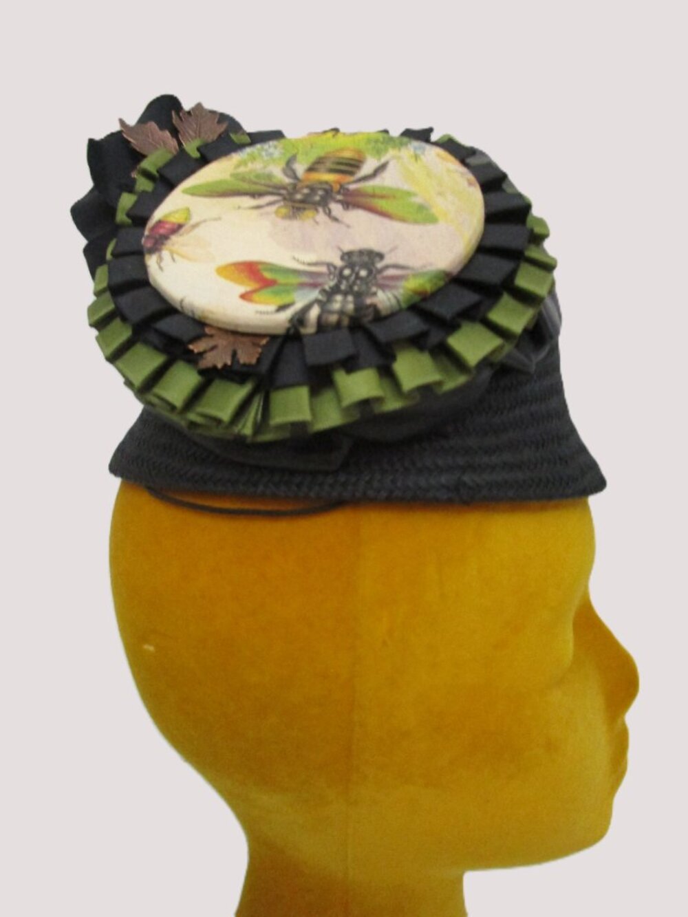 Bees Steampunk Percher Whimsy Hat Black Rose Straw Church